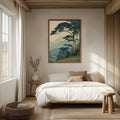 Framed teal and sage Japanese landscape wall art in a softly styled bedroom