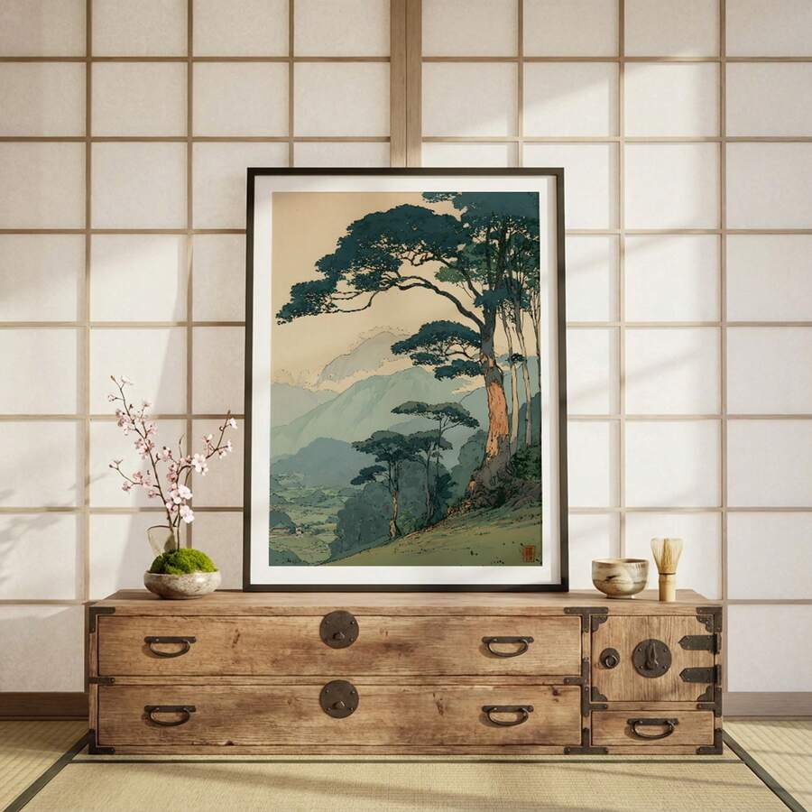 Japanese landscape canvas art in a shoji-style room with wood frame