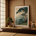 Japanese mountain and pine landscape print in a tatami-inspired alcove