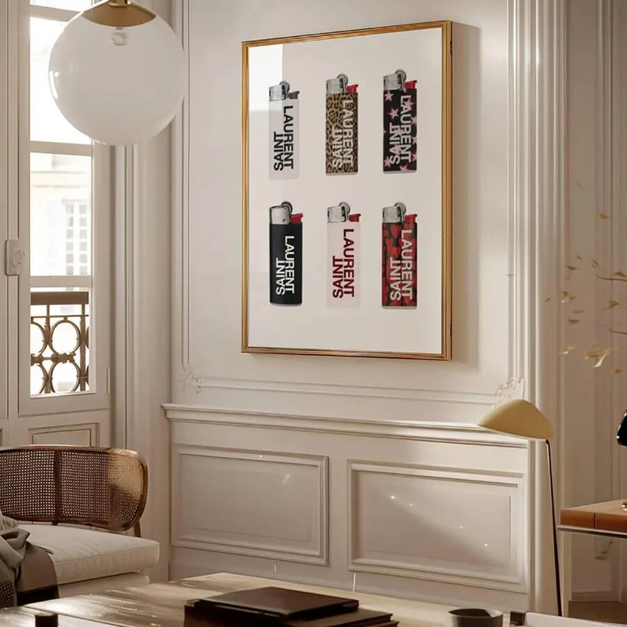 Vintage lighter collection wall art with Saint Laurent lighter graphics in gold frame