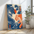 Framed Japanese dragon and tiger poster leaning on a floor in a warm interior