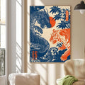 Vertical Japanese-inspired dragon and tiger print in a framed gallery wall setting