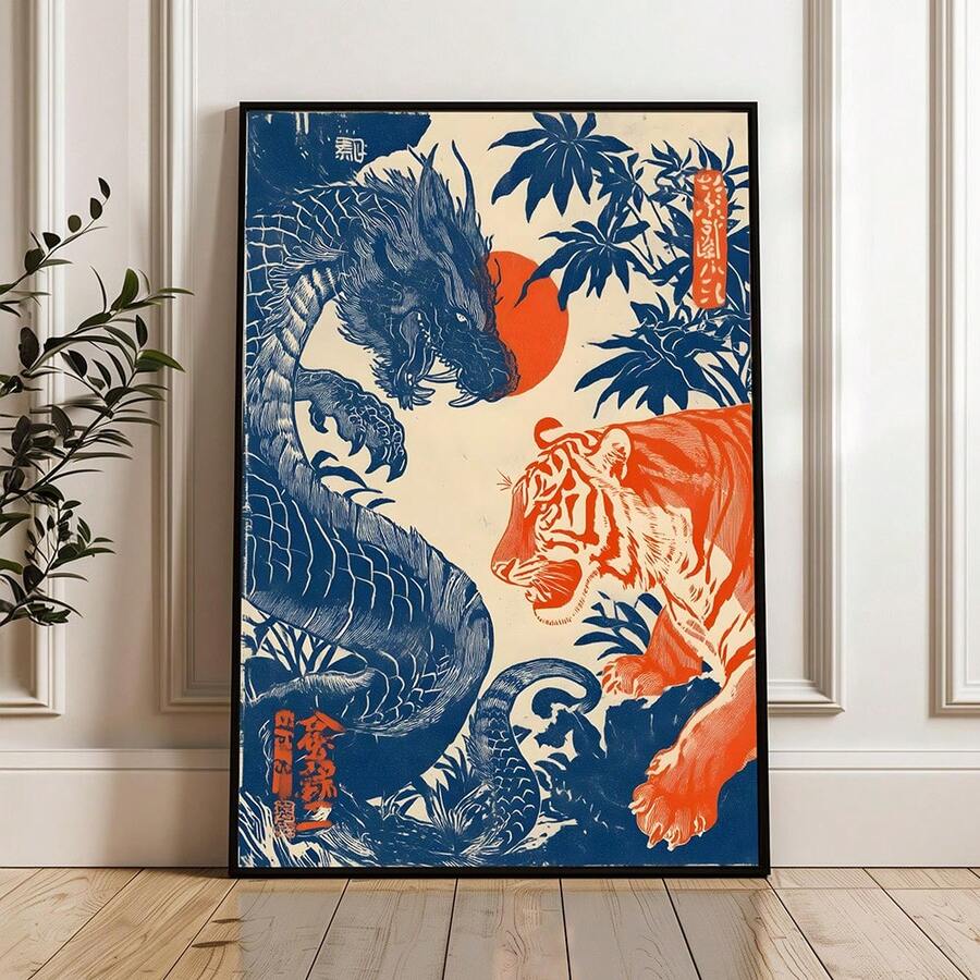 Japanese dragon and tiger wall art in navy vermilion and cream above a styled console