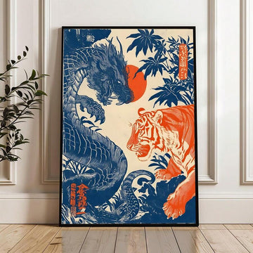 Japanese dragon and tiger wall art in navy vermilion and cream above a styled console