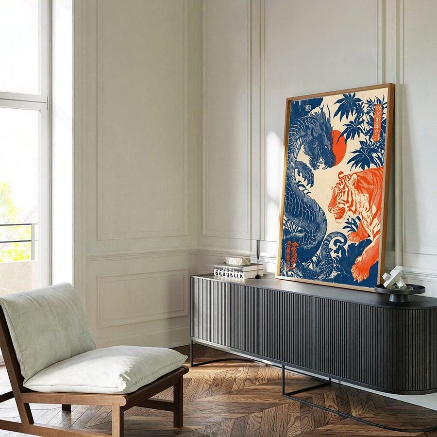 Retro Japanese dragon and tiger canvas artwork displayed in a wood-accented room