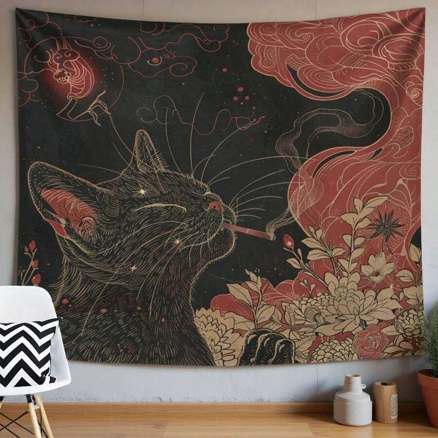 Black cat tapestry with red smoke flowers and mystical line art face
