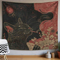 Black cat tapestry with red smoke flowers and mystical line art face