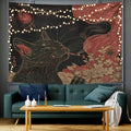 Smoking cat wall hanging detail with rust red smoke and floral artwork