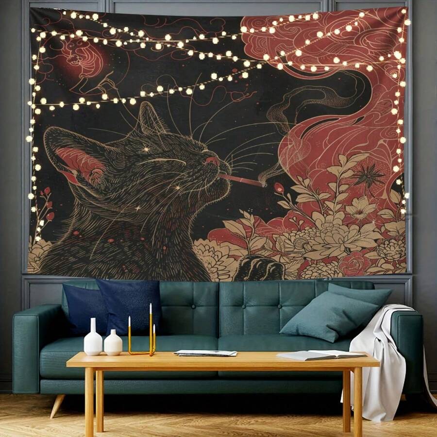 Smoking cat wall hanging detail with rust red smoke and floral artwork