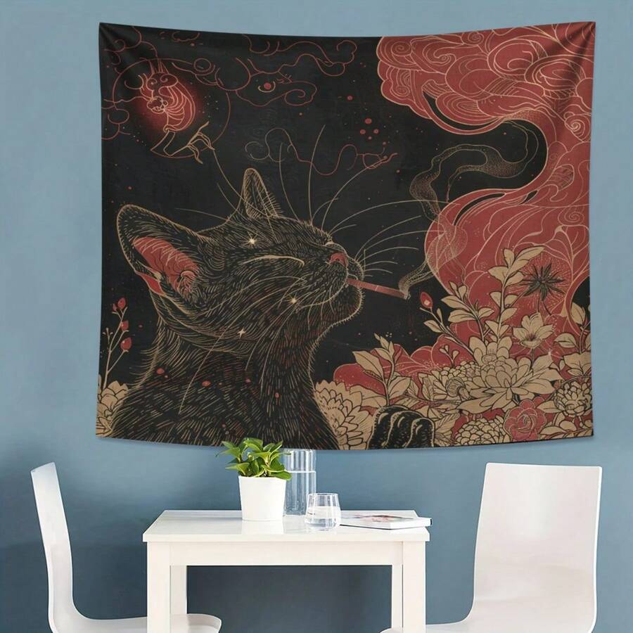 Black cat tapestry with red smoke flowers and mystical line art face