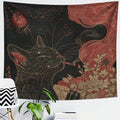 Dark cat tapestry shown as bedroom or lounge accent wall decor