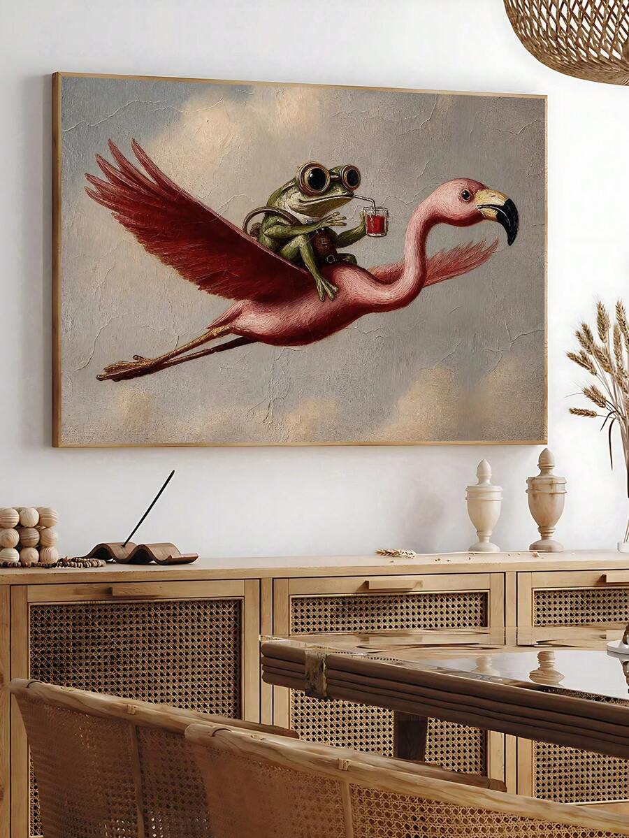 Add a touch of playful charm to your space with this whimsical frog perched on a flamingo—a delightfully quirky canvas print that blends vintage aesthetics with modern eclectic style. Perfect for dining rooms and creative spaces, this animal-themed artwork features vibrant graphic elements and botanical accents on premium canvas. Available as both framed and unframed options, it's waterproof and removable, making it ideal for renters and decorators who love bold, unconventional wall art that sparks conversa