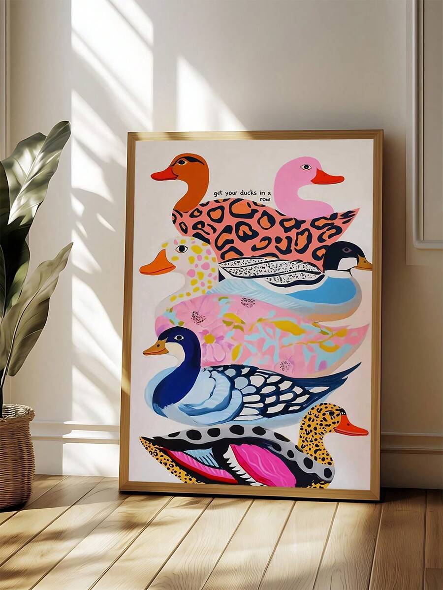 Bring playful charm to any space with this vibrant colorful duck art print. Featuring a delightful cartoon design, this canvas artwork adds personality to your home, office, or serves as a thoughtful gift. Available in both framed and unframed options, it's crafted on quality canvas with waterproof properties for lasting durability.
