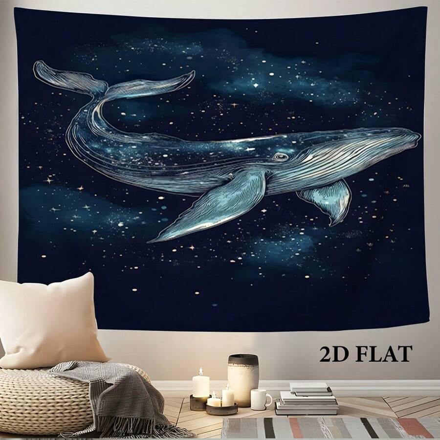 Whale night sky tapestry with blue whale and star-filled navy background