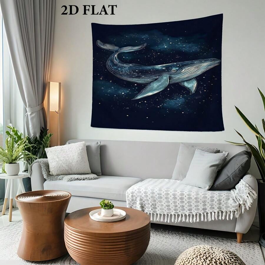 Whale night sky tapestry with blue whale and star-filled navy background