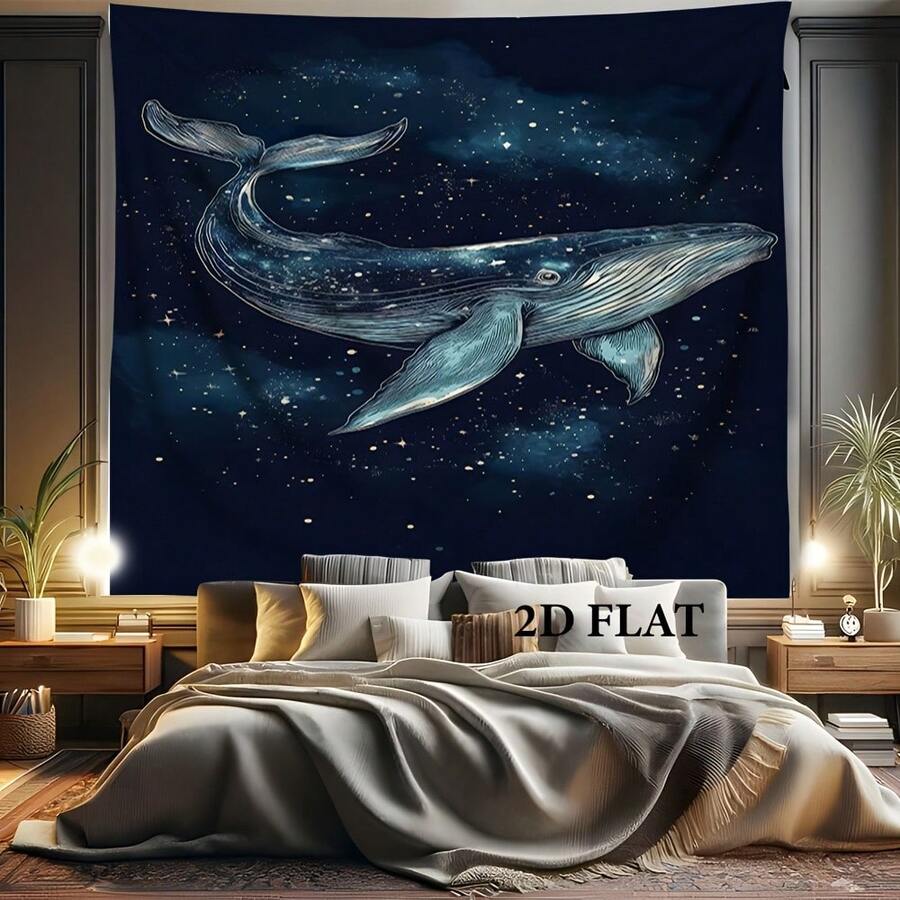 Oversized whale tapestry shown above bed as bedroom wall decor