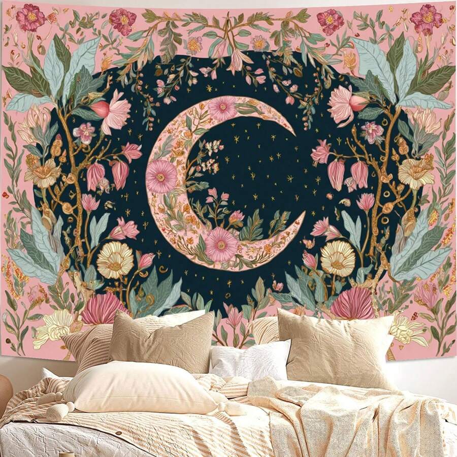 Sun moon pink floral tapestry with crescent moon and stars