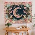 Pink floral wall hanging above desk with visible corner fasteners