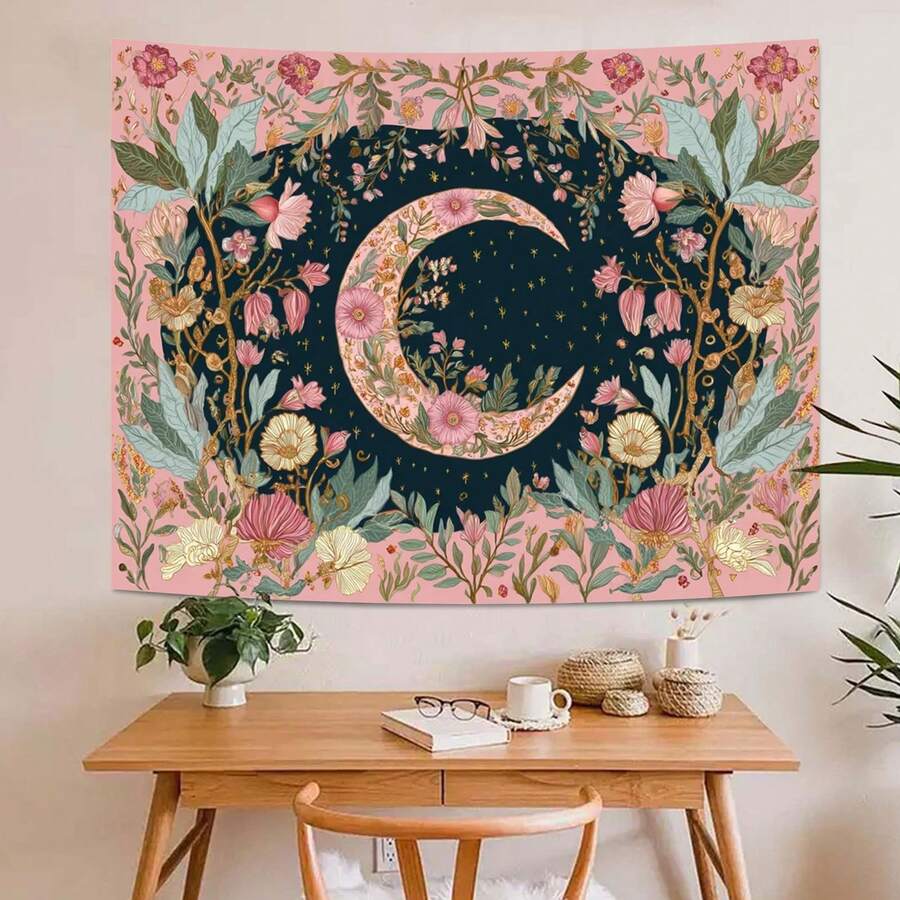 Pink floral wall hanging above desk with visible corner fasteners