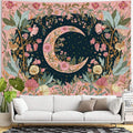 Sun and moon tapestry above sofa showing large wall coverage