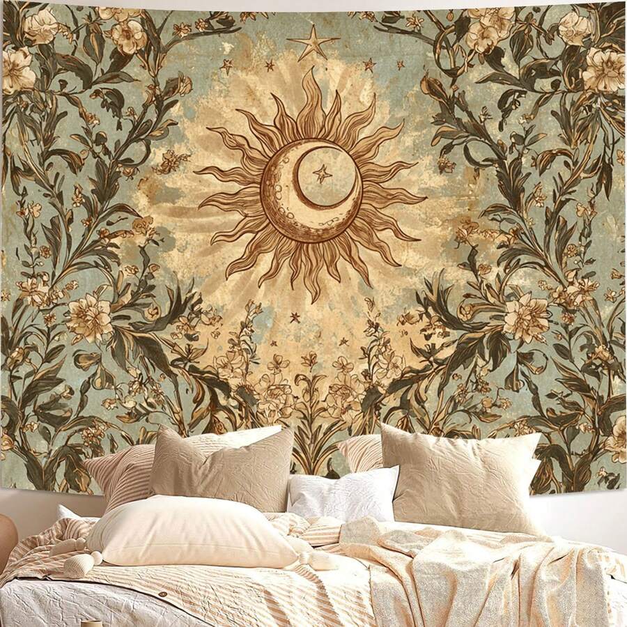 Sun moon vintage tapestry with floral vines and stars