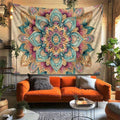 Exquisite mandala tapestry above orange sofa in living room