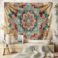 Mandala floral wall hanging above console with boho decor