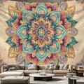 Large ornate mandala tapestry behind sectional sofa