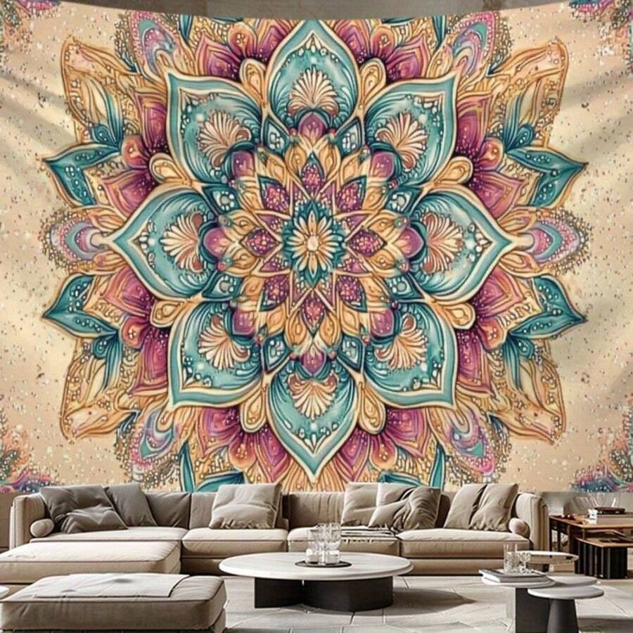 Large ornate mandala tapestry behind sectional sofa