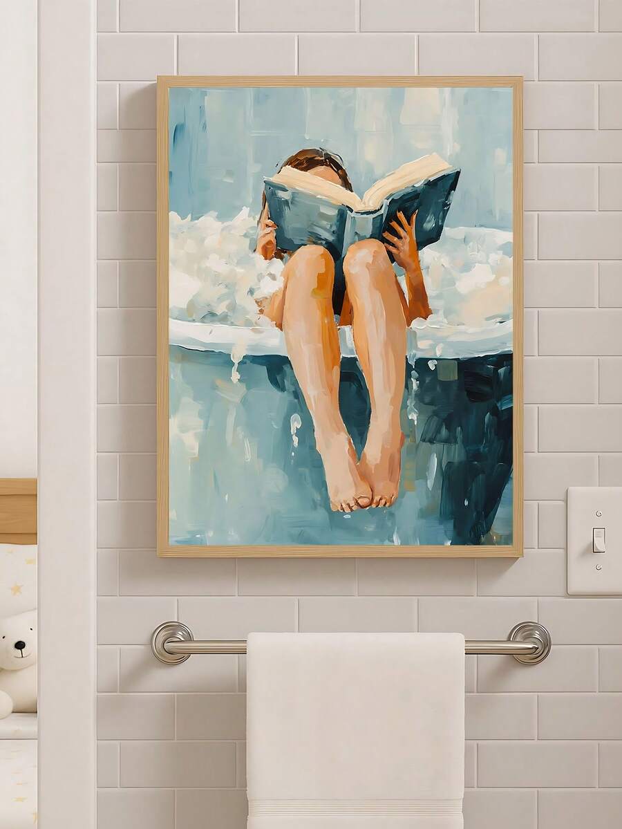 Transform your bathroom into a serene spa retreat with this charming vintage wall art. Featuring a woman peacefully reading in a luxurious tub, this piece captures the essence of relaxation and self-care. The soft, nostalgic aesthetic brings warmth and comfort to any bathroom space. Available as both framed and unframed canvas options, this artwork adapts to your décor style. The waterproof material ensures durability in humid bathroom environments, while the removable design lets you refresh your space whe