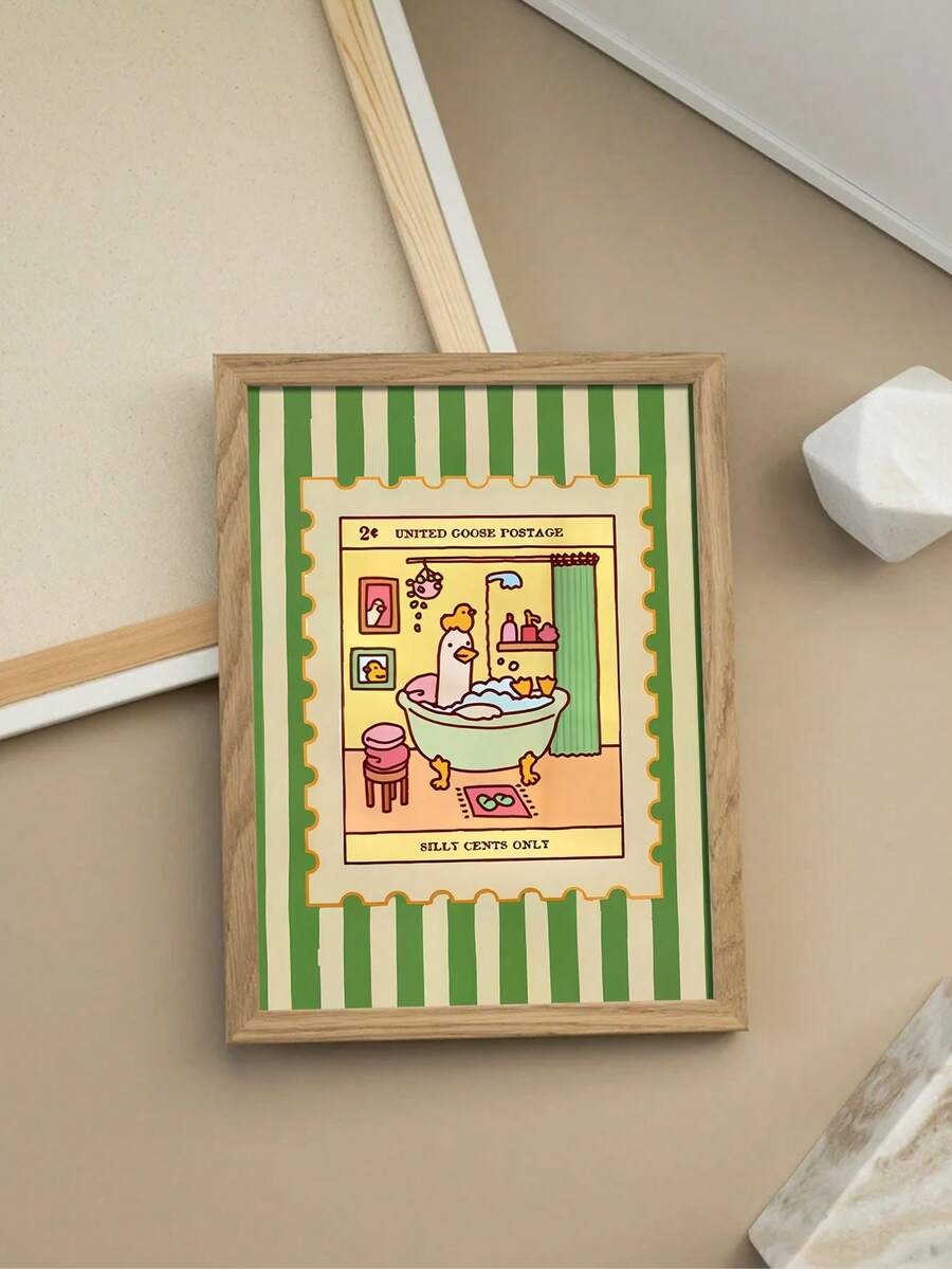 Add a touch of whimsy to your bathroom with this charming duck in a bath poster. Featuring a playful cartoon duck surrounded by vintage-inspired green stripes, this unframed art print brings nostalgic character to any space. Crafted on durable canvas with waterproof properties, it's perfect for moisture-prone areas. The cheerful animal design works beautifully in bathrooms, dining rooms, or any room needing a dose of personality. Easy to display and ready to frame, this delightful wall decor celebrates the 