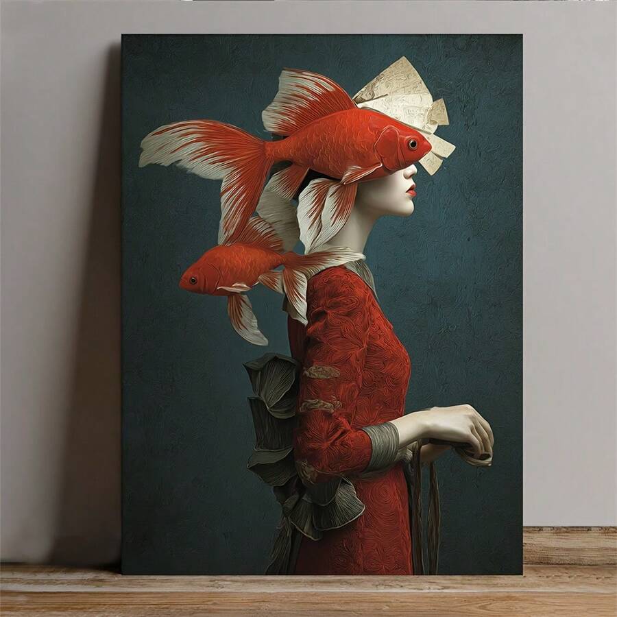 Immerse your space in surreal artistry with this captivating manga-inspired poster. Featuring an enigmatic woman and delicate fish imagery, this modern hanging painting blends dreamlike aesthetics with contemporary design. Crafted on durable canvas with waterproof properties, it's perfect for dining rooms and any space seeking artistic flair. Ready to hang and built to last, this piece transforms walls into galleries of imagination and wonder.