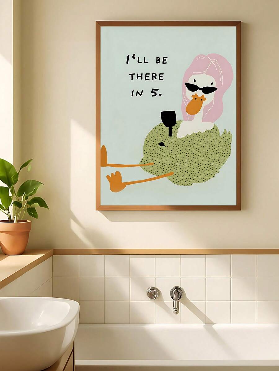Bring playful personality to any space with this charming Fashionably Late Poster featuring a retro diva duck design. Perfect for bathrooms, bedrooms, or living rooms, this cartoon-style artwork combines fun and sophistication. Available as unframed canvas or framed picture, it's crafted with waterproof material for durability. The removable design makes it easy to update your décor whenever inspiration strikes. Whether you're a duck enthusiast or love quirky vintage aesthetics, this whimsical piece adds ch