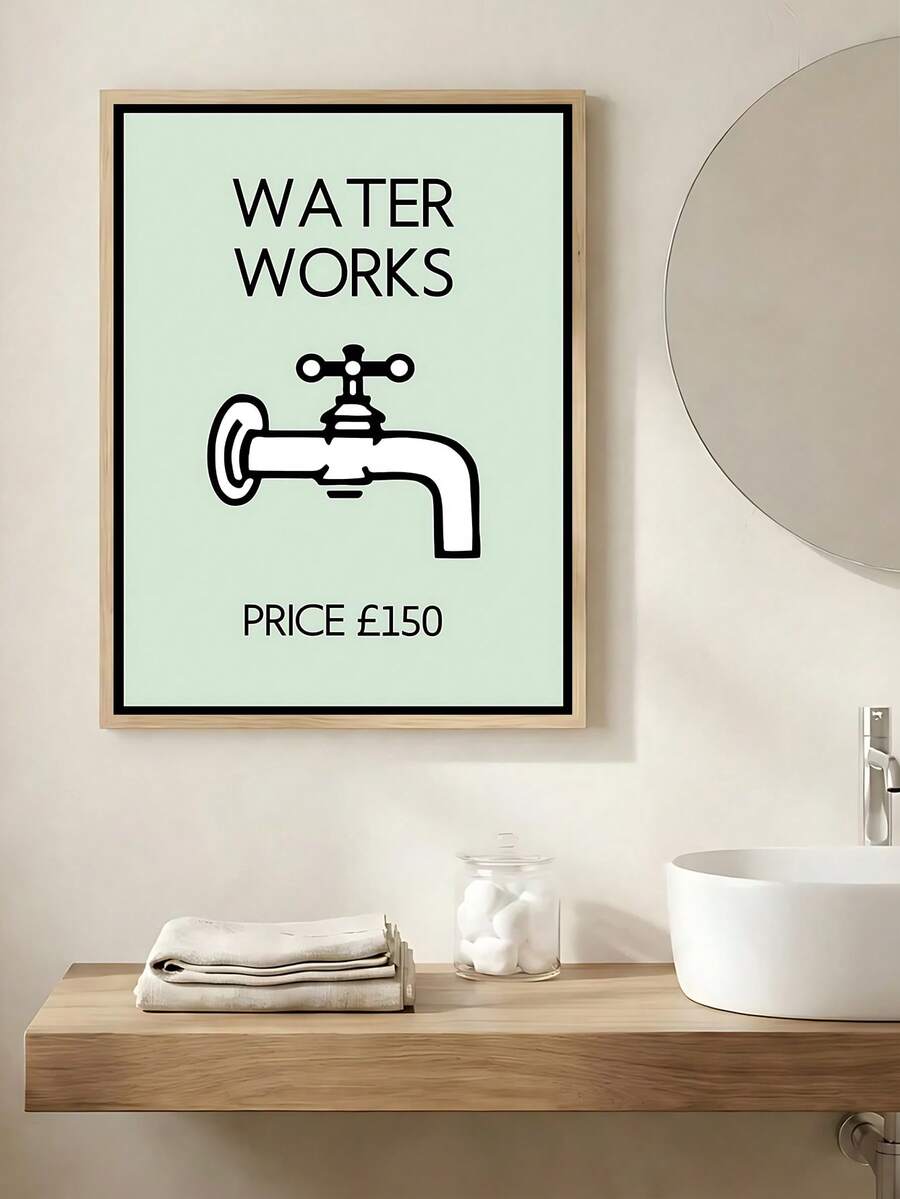 Transform your bathroom into a gallery-worthy space with this Modern Water Works Monopoly Art Print. Featuring a striking graphic and letter design, this versatile piece works beautifully in bathrooms, offices, or any room needing a contemporary touch. Choose between framed or unframed canvas options to match your style. The waterproof material ensures durability in moisture-prone areas, while the removable design lets you update your decor whenever inspiration strikes. An ideal gift for art lovers and home