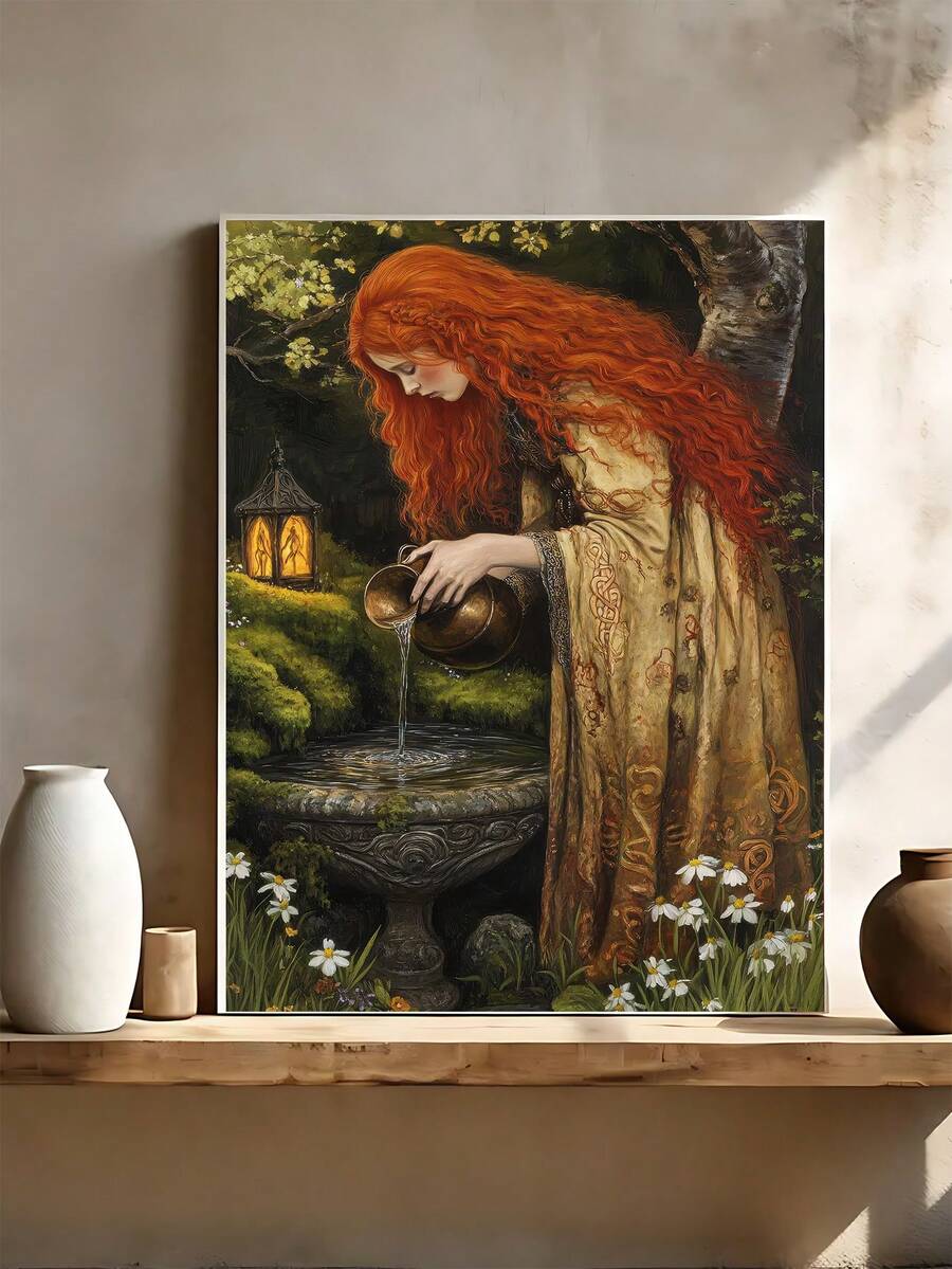 Red haired woman art in Pre Raphaelite style with lantern daisies and mossy green tones