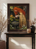 Cottagecore decor poster showing woman fountain flowers and moody vintage painting style