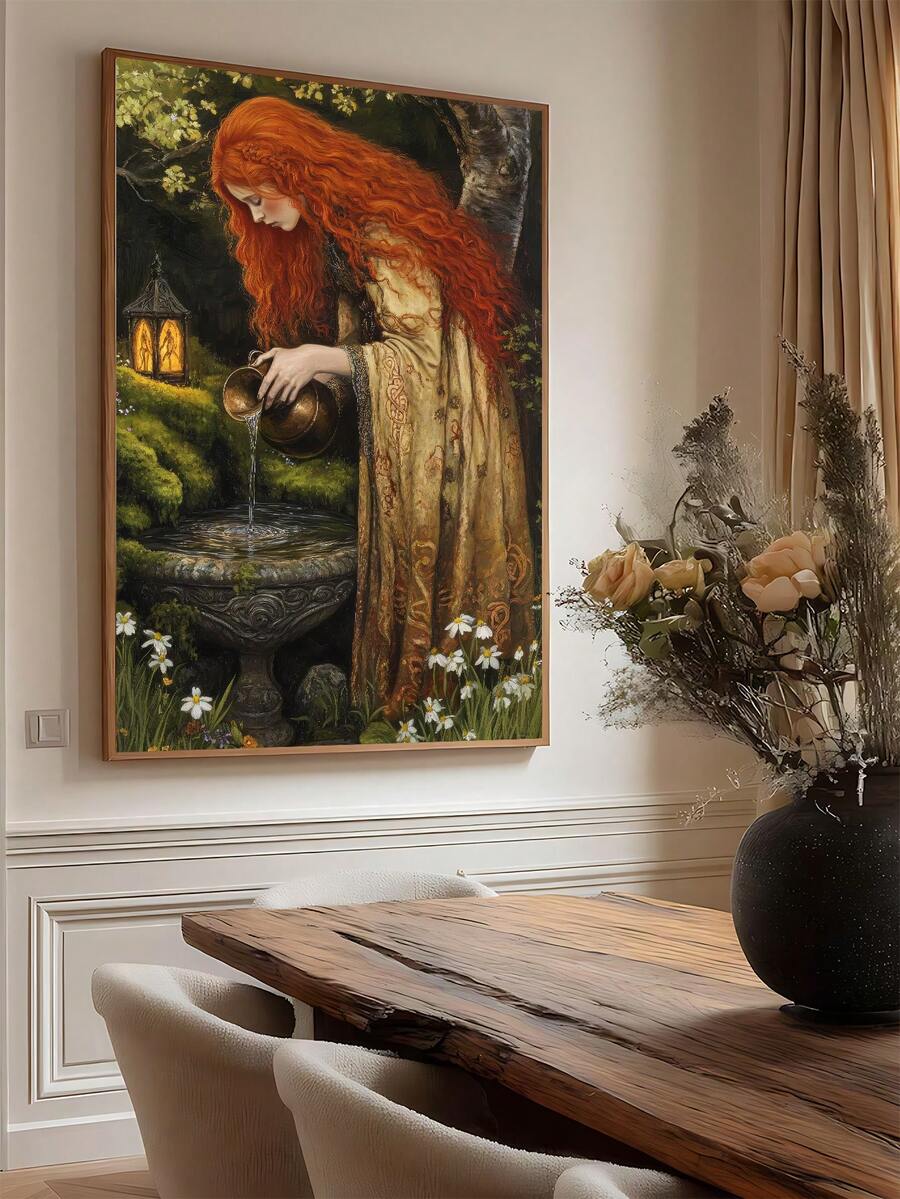 Moody wall art option with copper red hair dark forest and painterly fantasy detail