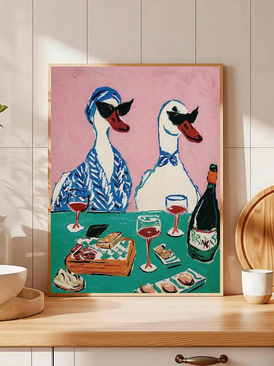 Bring whimsical charm to your space with this quirky vintage duck and wine art poster. Featuring a playful animal and beverage design, this modern piece combines retro aesthetics with contemporary style. Available as both framed and unframed canvas options, it's perfect for dining rooms, kitchens, or restaurant settings. The waterproof canvas ensures durability, while the removable design makes it easy to update your décor whenever you like. A conversation starter that adds personality and warmth to any roo
