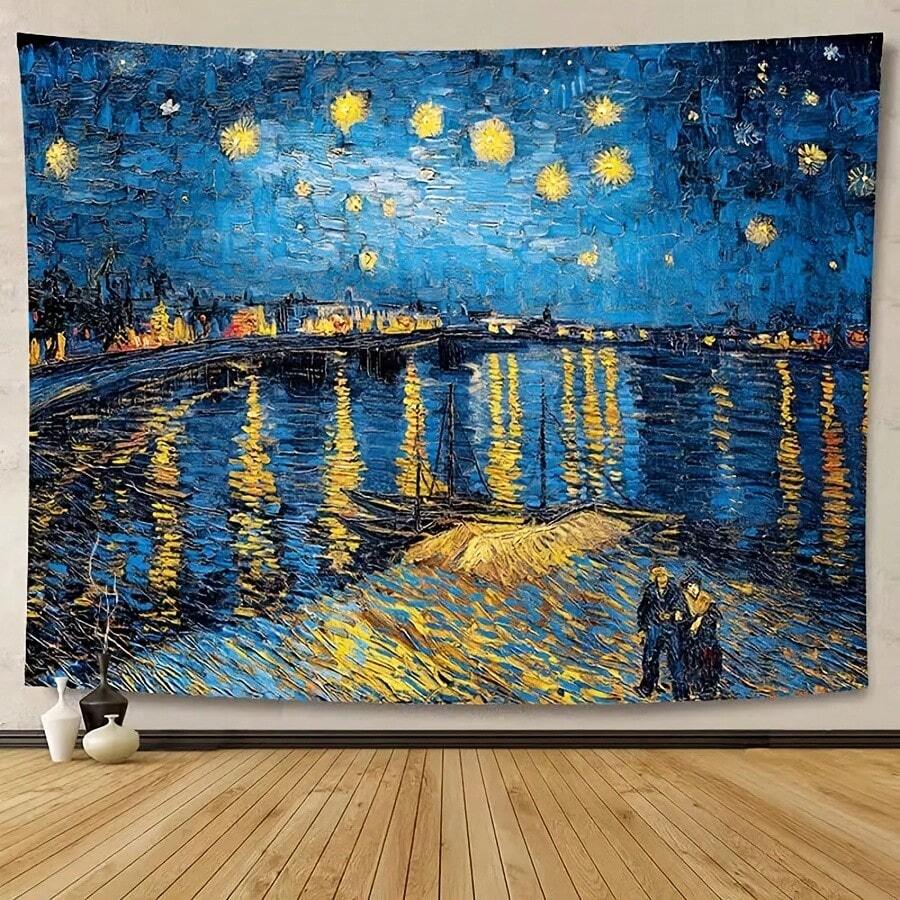 Van Gogh inspired night river harbor tapestry with blue sky and yellow lights