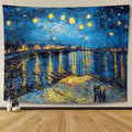Van Gogh inspired night river harbor tapestry with blue sky and yellow lights