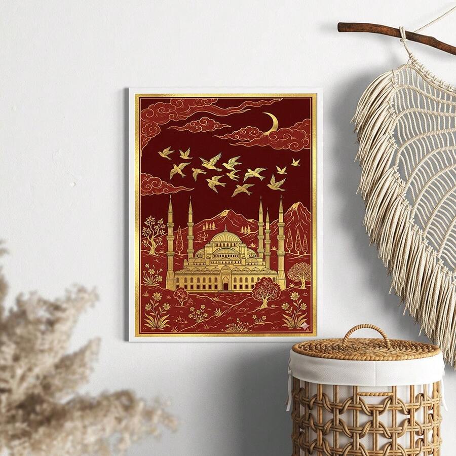 Elevate your dining room with this stunning Ottoman architecture canvas art featuring intricate red and gold Islamic mosque designs. Crafted on premium canvas, this hanging painting combines modern aesthetics with classical architectural inspiration. The waterproof material ensures lasting beauty and easy maintenance, making it perfect for any space. Transform your walls into a gallery of cultural elegance and timeless sophistication.