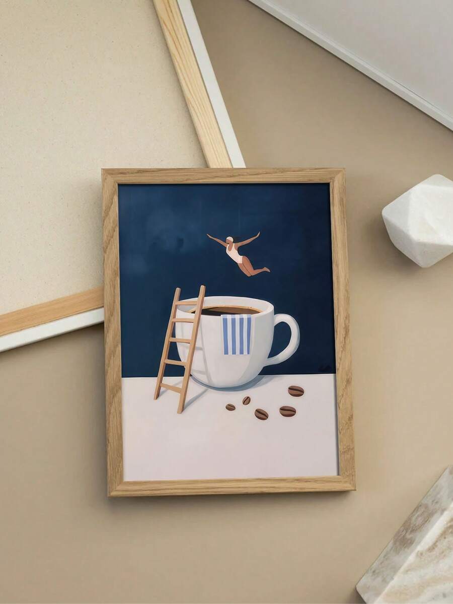 Bring playful charm to your kitchen and living room with this whimsical coffee diver canvas art print. Featuring an abstract, modern design with graphic figure elements, this unframed painting adds personality to any space. Crafted on durable canvas with waterproof benefits, it's perfect for dining rooms and high-moisture areas. The contemporary style complements both eclectic and minimalist interiors, making it an ideal choice for coffee lovers and art enthusiasts alike.