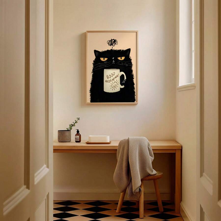 Bring feline attitude to your space with this charming grumpy black cat canvas art. Featuring a sassy cartoon design with modern appeal, this waterproof hanging painting is perfect for cat lovers and coffee enthusiasts alike. The playful animal pattern adds personality to any dining room or kitchen, making it an ideal conversation starter. Crafted on quality canvas, this humorous wall decor celebrates the moody charm of our favorite furry friends. A must-have for anyone who appreciates witty, cat-themed hom