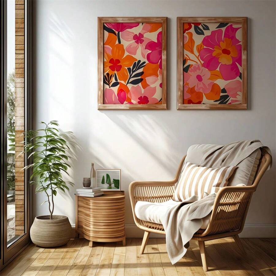 Framed bohemian flower canvas pair in a bright neutral living room