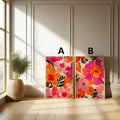 Two bohemian flower poster designs labeled A and B in a sunlit room