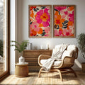 Abstract pink and orange floral wall art above a woven reading chair