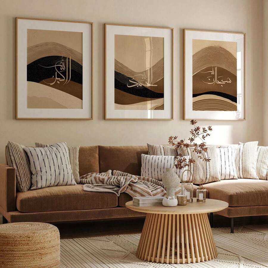Transform your space with this stunning 3-piece Islamic calligraphy wall art set. Each canvas features elegant, minimalist designs that blend boho aesthetics with modern sophistication. Crafted on high-quality canvas with waterproof finish, these hanging paintings are perfect for dining rooms, living spaces, or any room seeking cultural elegance. The graphic patterns showcase intricate calligraphy in a contemporary style, adding depth and meaning to your décor.