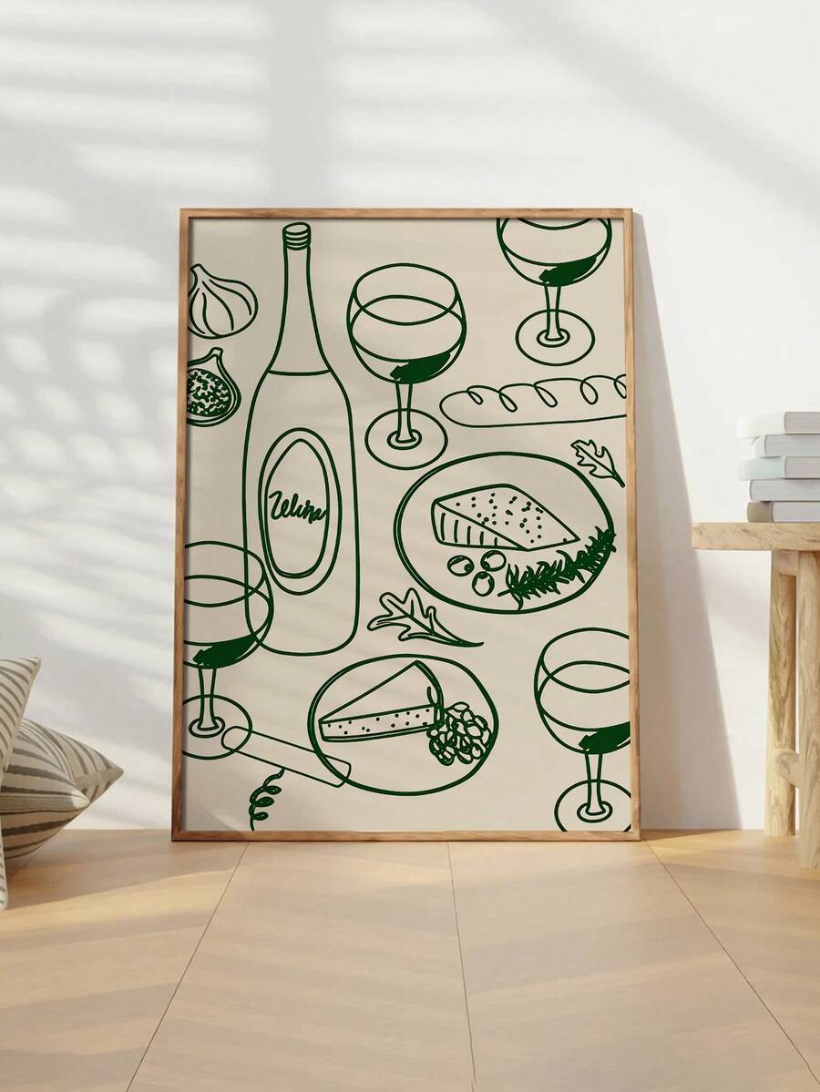 Green wine and cheese kitchen poster with bottle glasses bread figs and cheese