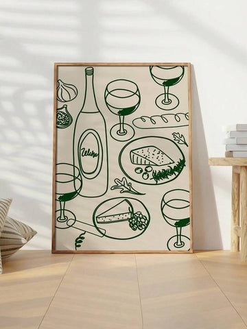 Green wine and cheese kitchen poster with bottle glasses bread figs and cheese
