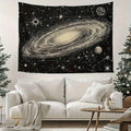 Galaxy tapestry room mockup with planets constellations and black background